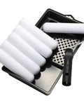 Six Inch Foam Paint Roller Set With High Density Mini Roller Covers Refills Roller Frame And Tray Pro Grade For Bathtub Refinishing Walls And Tile Pack Of Eight displayed with foam covers and tray