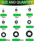 Diagram showing sizes and quantities of star lock washers from the All In One Internal Tooth Star Lock Washers Kit with 360 pieces.