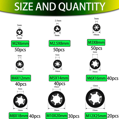 Diagram showing sizes and quantities of star lock washers from the All In One Internal Tooth Star Lock Washers Kit with 360 pieces.