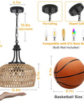 Straight Up Gorgeous Farmhouse Chandelier Featuring Three Woven Rattan Shades. Chandelier size 12.6" diameter, height adjustable to 86.6".