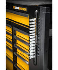 Close-up of Three Eighths Inch Drive Magnetic Socket Rail With Fourteen Clips Aluminum Frame attached to tool chest