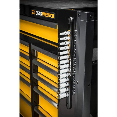 Close-up of Three Eighths Inch Drive Magnetic Socket Rail With Fourteen Clips Aluminum Frame attached to tool chest