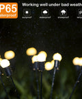 Close-up of 10 Pack Solar Garden Lights Outdoor Upgraded Swaying Waterproof Lights glowing with raindrops, IP65 weatherproof.