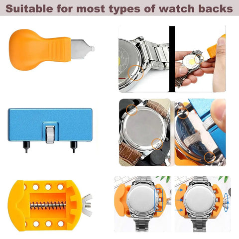 Watch Battery Replacement Kit 4 Piece Set With Case Opener And Back Remover Wrench Holder For Rotating Open Watch Covers Great For Diy At Home Repair Tools For Most Watches