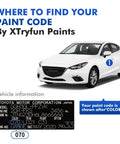 Diagram showing Toyota car with location of paint code for Celestite Gray Metallic Touch Up Paint For Toyota Corolla Scratches DIY Car Repair Kit.