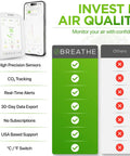 Smart Indoor Air Quality Monitor With Real Time CO2 PM1 PM2.5 PM10 TVOC HCHO Temperature And Humidity Data Via App For Home Office And Classrooms Plug And Play Hassle Free Setup Actionable Alerts And Peace of Mind For Healthier Air. white monitor with app display