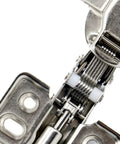 Close-up of Beefy Heavy Duty Rustproof Iron Hydraulic Door Hinge With Iron Core Damper Buffer for cabinets and cupboards.