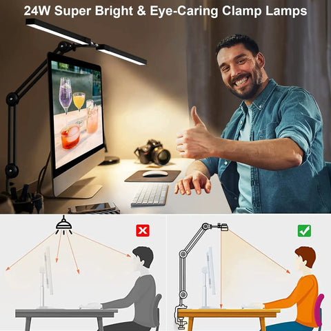 Clamp Desk Lamp LED 24W With Adjustable Color And Brightness on a desk setup, showing ergonomic lighting arrangement.