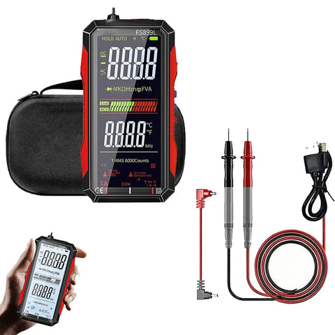 USB Rechargeable Digital Multimeter With True RMS And 6000 Counts, Color LCD Screen, probes, and USB cable included.