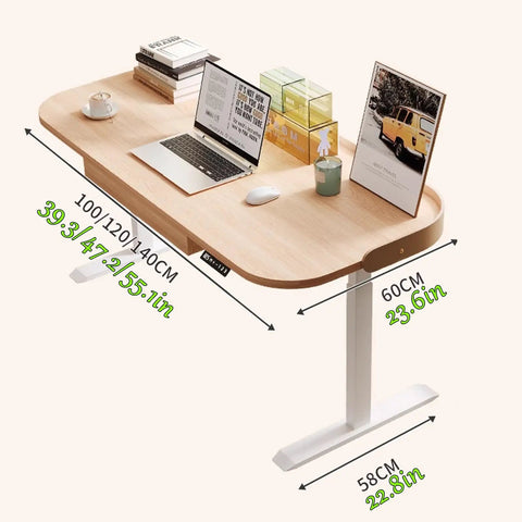 Rock Solid Electric Sit Stand Desk With Memory Height Presets And Cargo Pullout Bin Using Buttery Smooth Lift Motor Plus Leather Guard Edge For Zero Sweat Home Office Setup At 55 Inches Wide with laptop and decor.