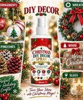 Christmas DIY Decor Spray Paint bottle with black craft mist for ornaments on festive holiday background.
