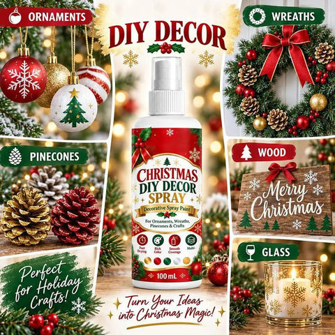 Christmas DIY Decor Spray Paint bottle with black craft mist for ornaments on festive holiday background.