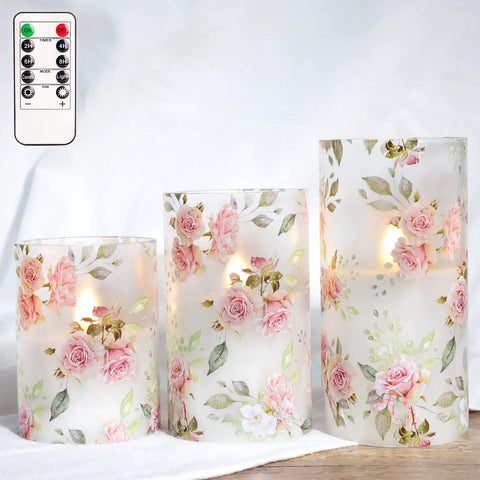 Pink Rose Flameless Candles Set Of 3 With Remote LED Glass Real Wax Look Romantic Date Night Vibes Decor