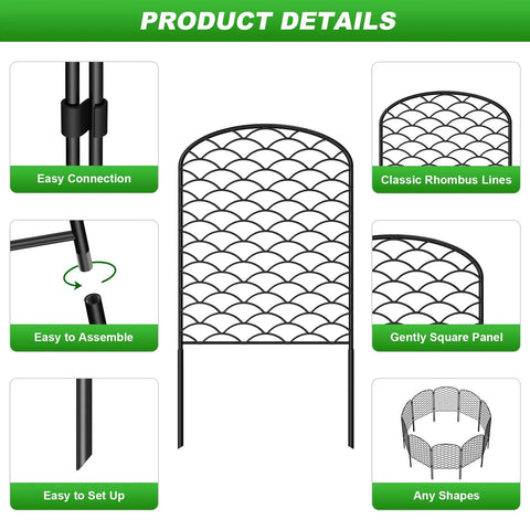 Arched Decorative Garden Fence Set Of 10 Panels With 24 Inch High Clearance, 13 Inch Wide Each, shown with connection details.
