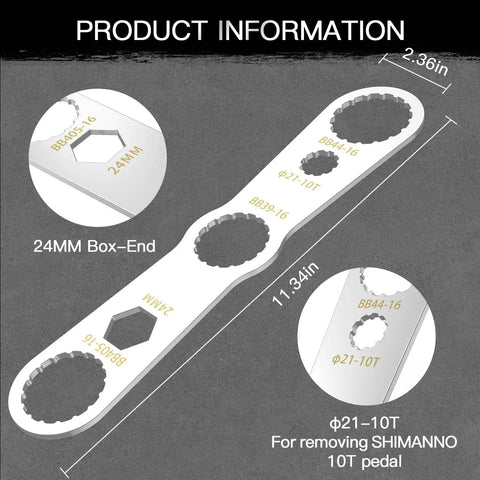 Illustration of Five In One Bottom Bracket Wrench For 39mm 40.5mm And 44mm External Bearing Cups With 16 Notches, Cr V Steel Ni Cr Plating, showing dimensions and details.