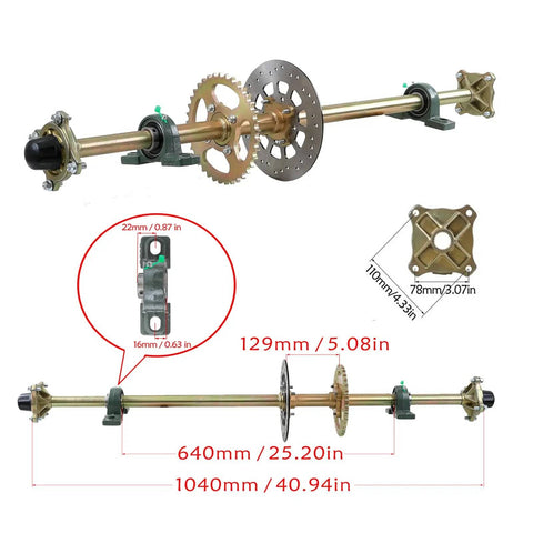 44 Inch Rear Live Axle Kit With 22x10-10 Wheels, 428 Chain Drive, Brake, And Steering System, front view with dimensions
