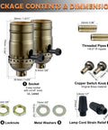 Slick 3 Way Lamp Socket With Twist Dimmer Switch And Antique Brass Rotary Knob For No Fuss Table And Floor Lamp Replacement Includes Two Pack UL Verified dimensions and included parts