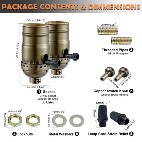 Slick 3 Way Lamp Socket With Twist Dimmer Switch And Antique Brass Rotary Knob For No Fuss Table And Floor Lamp Replacement Includes Two Pack UL Verified dimensions and included parts