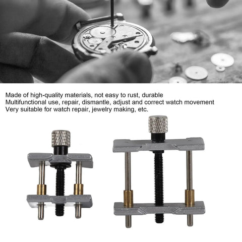 Pro Grade Watch Movement Holder Alloy Fixed Base Case Clamp Opening Durable Multi Function Watchmaker Tool For Precise Repairs Fits No 4039 B No 4040 A Movements Jewelry Making And Case Adjustments shown in use and front view with components.