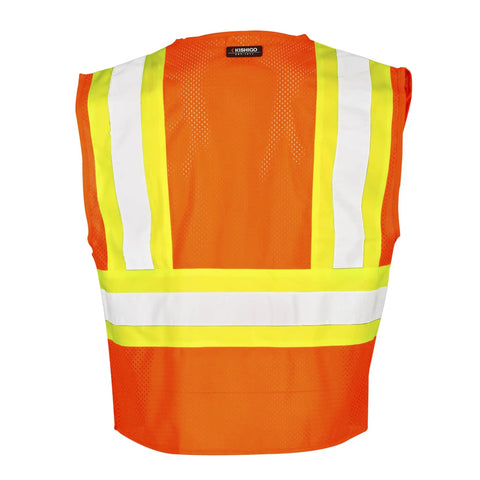 Men's High Vis Reflective Breakaway Safety Vest With Contrast Mesh And Quick Hook Closure Ansi Class Two Jobsite Ready Traffic Control Utility Gear Lime Orange Trim Real Big Size Built Tough back view with yellow and white reflective strips.
