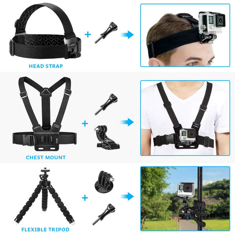 All In One Action Camera Accessory Kit For GoPro And Other Models With Head Strap, Chest Mount, Flexible Tripod in Use