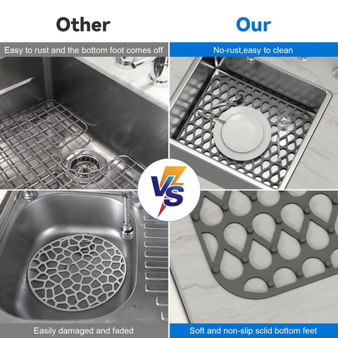 Comparison of stainless steel sink and gray silicone mat in a kitchen sink with dishes, showcasing 2 Pack Silicone Sink Mats Dope Non Slip Foldable Grids For Kitchen Sinks, Heat Resistant Food Grade, Perfect For Dish Drying, Draining, Defrosting, And Cooling On Farmhouse Stainless Steel Porcelain Sinks.