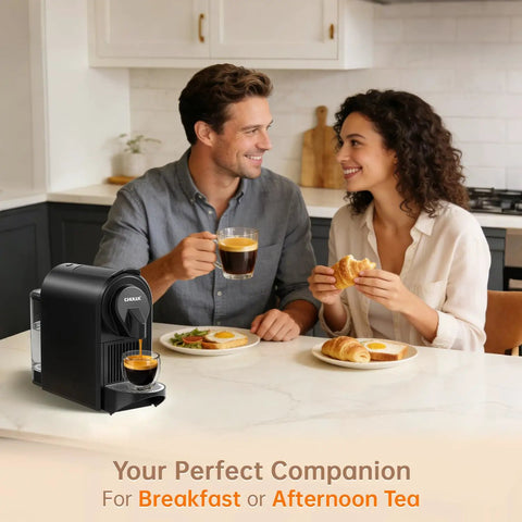 Couple enjoying breakfast next to Upgrade Bafe Pro Espresso Machine For Nes Original Pods At Home 20 Bar Pump on kitchen counter.