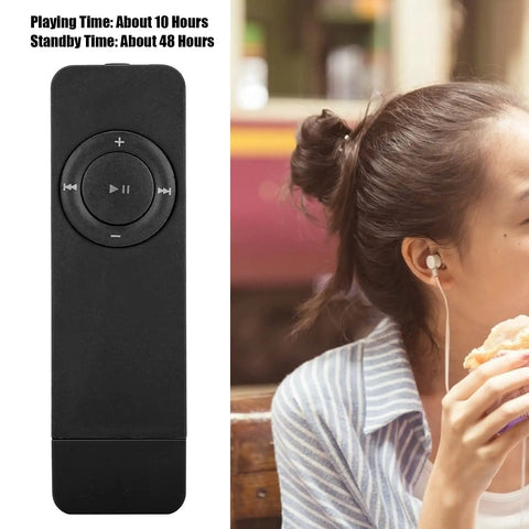 Compact Portable MP3 Player With Lanyard, Expandable Memory Up To 32GB, Rechargeable Battery next to woman using earphones, Black