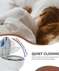 Toilet Seat Round Resin for Bathroom with soft close feature, displayed near a person lying on a bed.