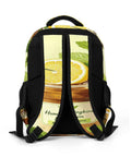Back view of Lemon Americano Printed Unisex Backpack with large capacity, showing breathable straps and lemon motif. Ideal for travel.