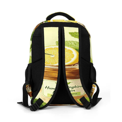 Back view of Lemon Americano Printed Unisex Backpack with large capacity, showing breathable straps and lemon motif. Ideal for travel.