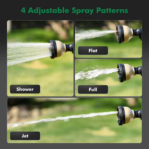 Extra Long All Metal Telescoping Watering Wand With 180 Degree Adjustable Ratcheting Head And Four Spray Patterns, Thumb Flow Control, showcasing flat, full, shower, jet spray patterns.