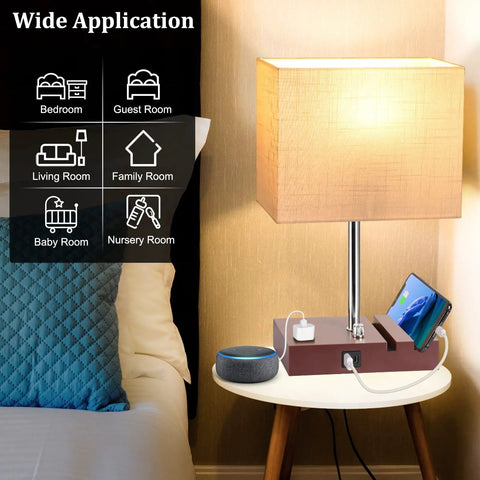 Fully Dimmable Bedside Lamp With USB Charging Station And Built In Outlet on nightstand by bed with phone stand