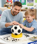 Father and son assembling Soccer Ball Building Block Set For Adults And Teens 850 Pieces Black And White Ball Decor Model Kit.