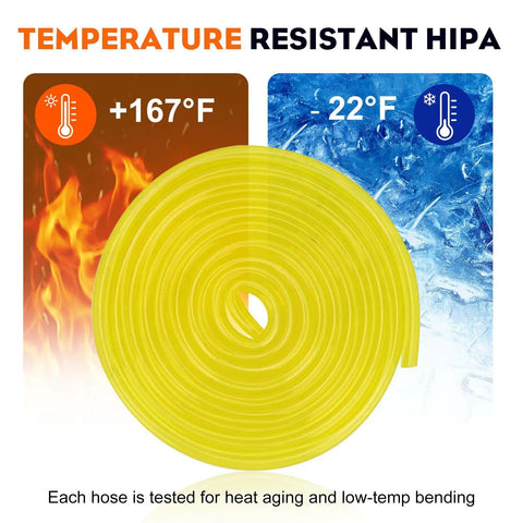Gas Fuel Line Hose Kit For Small Engines Four Size Tubing Pack Each Four Feet shown, temperature resistant up to +167°F, down to -22°F.