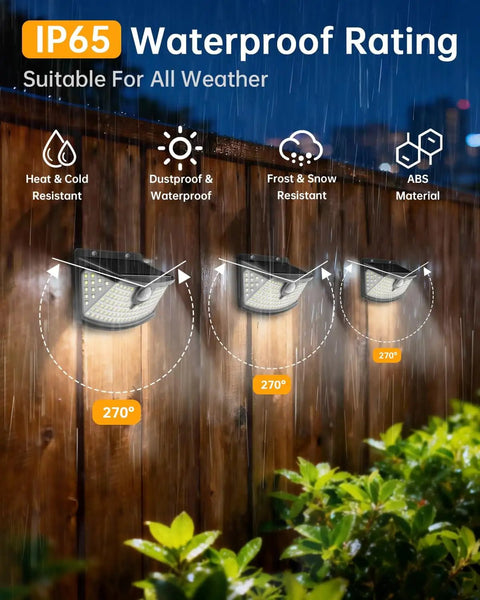 Solar Motion Sensor Lights 120 LED Pack With 270 Degree Wide Angle IP65 Waterproof Outdoor Step Lights installed on wooden fence