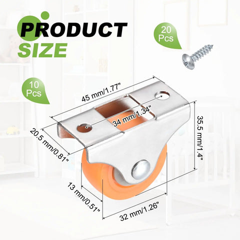 10 Pack Mini Caster Wheels Featuring Smooth Rollin Ball Bearings Hella Legit Nylon Wheels Secured On Heavy Duty Metal Plates Fast Swap For Furniture Drawers Storage Bins And Home Diy Fixes size diagram showing wheel and plate dimensions.
