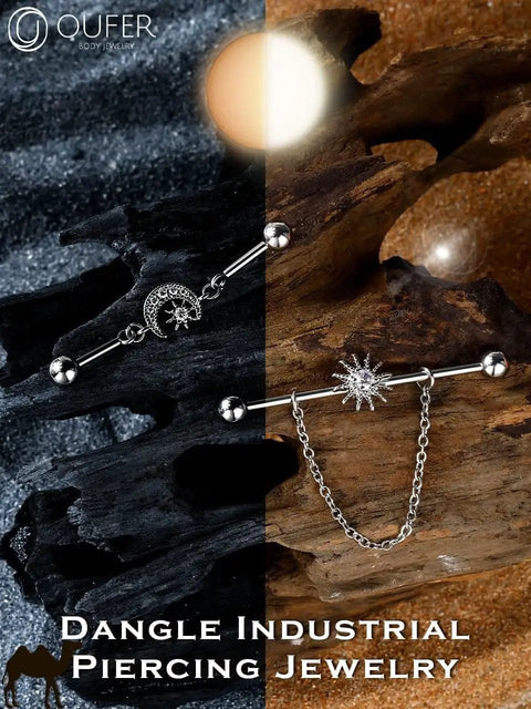 Dope Industrial Piercing Jewelry 316L Surgical Steel Barbell With Clear CZ Moon Dangle shown on contrasting background