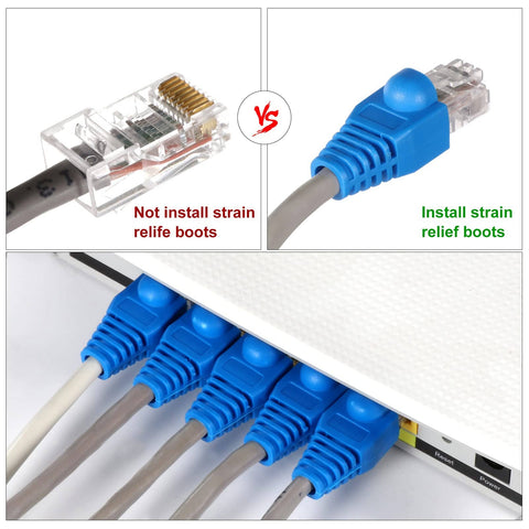 All In One RJ45 Crimp Tool Kit With Pass Through Cat5e And Cat6 Connectors, showing cables with and without strain relief boots