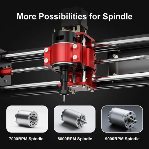 Front view of Twotrees TTC3018 Pro CNC router machine, desktop 3-axis engraving, all-metal milling with red spindle