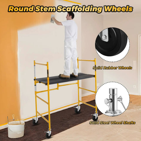 Tough As Nails 5 Inch Scaffolding Wheels Set Of Four Swivel Casters With One Inch Round Stem Dual Lock For Industrial Platform Towers 440 Pound Capacity Workhorse Rig showing worker on scaffold painting.