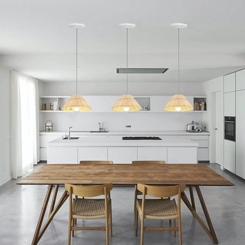 Kiven Instant Light Conversion Kit for 4/5/6inch Hole, 1-Light glass lighting fixtures installed above a modern kitchen table.