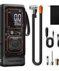 Beast Cordless Tire Inflator Portable Air Compressor With Digital Pressure Gauge Auto Shut Off And LED Flashlight shown with accessories