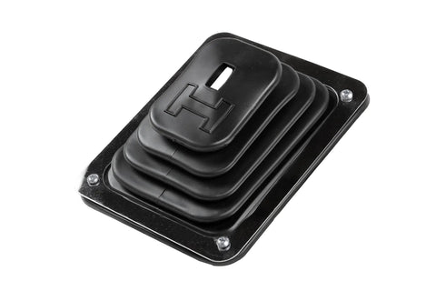 Shifter Boot And Plate Kit For B-4 Shifter Black Rubber Boot With Rectangular Chrome Trim Ring, top view close-up