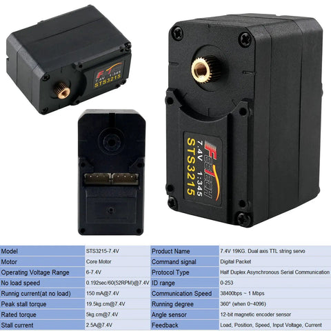 STS3215 Dope Magnetic Encoder Servo 7.4V 19kg Metal Gear Dual Axis TTL Serial For Arduino Robotic Arm Smart Robot 360 Degree Continuous Rotation With Position Control And 12-Bit High Precision Sensor, shown from multiple angles with connector details.