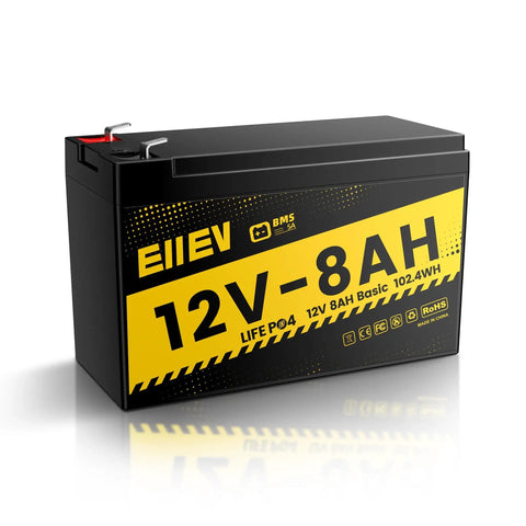 12V 8Ah LiFePO4 Battery With Built In 5A BMS For Deep Cycle Power, 4000 Cycles, black and yellow battery pack