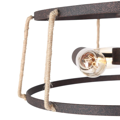 Close-up of Farmhouse Bronze Drum Chandelier with Hemp Rope and open wire cage, highlighting bulb, rustic modern style vibe.