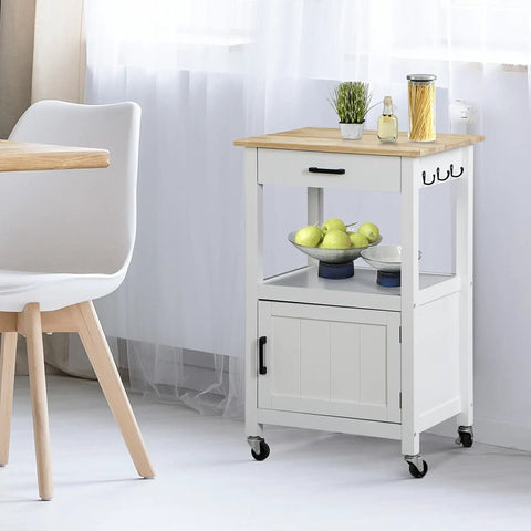 Smooth Rolling Kitchen Island Cart With Heavy Duty Casters And Solid Wood Top, white mobile coffee bar storage with fruits.