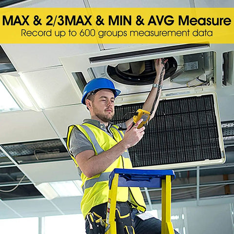 Technician using HVAC Anemometer And Digital Airflow Tester With Backlit Display For Pro Grade Wind Speed Measurement Air Velocity And CFM Volume Temperature Ranges From 32 F To 113 F And 0.3 To 45 Meters Per Second With Max Min Avg Data Storage Industrial KE 846A on an industrial ceiling vent.