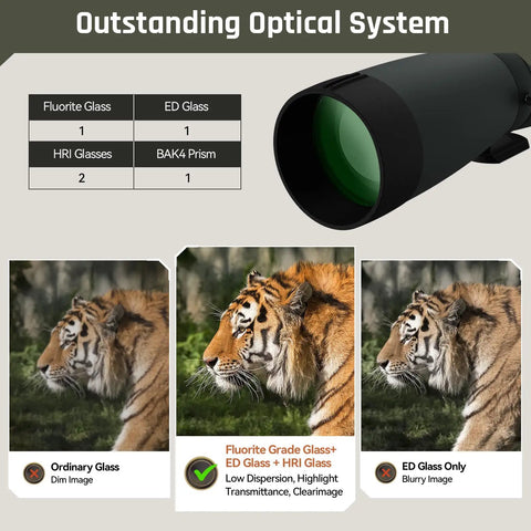 20 To 60x80 ED Spotting Scope With HD Optics comparing ordinary glass vs ED glass images of a tiger for clarity and detail.